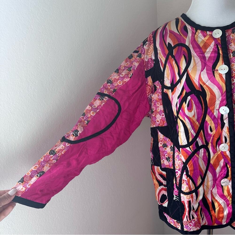 Vintage Colorful Abstract Quilted Jacket Button Front Artsy Boho 100% Silk - Picture 6 of 10